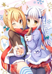 Rule 34 | 2girls, ahoge, animal ear fluff, animal ears, black legwear, blonde hair, blue jacket, blue shorts, blush, bow, braid, brown eyes, brown jacket, brown mittens, cat ears, cat girl, cat tail, fringe trim, fur-trimmed jacket, fur-trimmed shorts, fur-trimmed sleeves, fur trim, green bow, grin, hair between eyes, hair bow, jacket, mauve, mittens, multiple girls, open clothes, open jacket, original, outstretched arm, pantyhose, parted lips, pleated skirt, red scarf, red skirt, scarf, shared clothes, shared scarf, short shorts, shorts, sidelocks, skirt, smile, snowflake background, striped clothes, striped legwear, striped thighhighs, tail, thighhighs, v, white hair