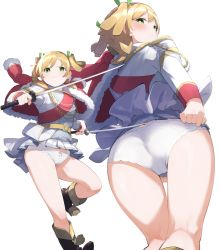 Rule 34 | 1girl, aiguillette, arm behind back, ass, belt, belt buckle, black footwear, blonde hair, blush, boots, bow, bright pupils, buckle, cameltoe, commission, covering crotch, covering privates, daiba nana, dual wielding, epaulettes, feet out of frame, fighting stance, from behind, from below, frown, fur-trimmed jacket, fur trim, goe (g-o-e), green eyes, green ribbon, grey skirt, hair ribbon, hands up, highres, holding, holding sword, holding weapon, jacket, jacket on shoulders, katana, kneepits, leg up, long sleeves, looking at viewer, looking back, looking down, microskirt, multiple views, panties, parted lips, pleated skirt, raised eyebrows, red jacket, red sash, ribbon, sash, short hair, short twintails, shoujo kageki revue starlight, shoulder sash, simple background, single stripe, skeb commission, skirt, skirt tug, standing, standing on one leg, striped clothes, striped skirt, swept bangs, sword, tassel, twintails, underwear, upskirt, weapon, white background, white bow, white jacket, white panties, white pupils, yellow belt