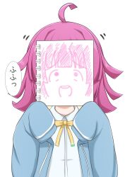 Rule 34 | 1girl, ahoge, blue jacket, blunt bangs, blunt ends, bow, bowtie, commentary, covering face, drawing, hands up, highres, holding, holding sketchbook, jacket, kinnikku, long sleeves, love live!, love live! nijigasaki high school idol club, meme, pink hair, rina-chan board, shirt, short hair, sketchbook, sleeves past wrists, solo, speech bubble, tennoji rina, translation request, upper body, white background, white shirt, yellow bow, yellow bowtie