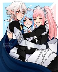 Rule 34 | 1boy, 2girls, apron, armor, asukaaasuu, black dress, black gloves, blue cape, blue eyes, blue hair, blush, brooch, cape, closed eyes, closed mouth, commentary, commission, corrin (fire emblem), corrin (male) (fire emblem), dress, english commentary, felicia (fire emblem), fire emblem, fire emblem fates, flora (fire emblem), gloves, hair between eyes, heart, highres, hug, jewelry, juliet sleeves, long hair, long sleeves, looking at another, maid, maid headdress, multiple girls, nintendo, one eye closed, open mouth, pink hair, pointy ears, ponytail, puffy sleeves, red eyes, short hair, siblings, sisters, smile, twins, twintails, upper body, waist apron, white apron, white hair
