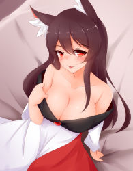 Rule 34 | 1girl, animal ear fluff, animal ears, ayatori (aytr), bed, blush, breasts, brooch, brown hair, cleavage, collarbone, commentary, commentary request, dress, highres, imaizumi kagerou, jewelry, large breasts, long hair, long sleeves, looking at viewer, looking up, off-shoulder dress, off shoulder, red eyes, solo, tongue, tongue out, touhou, white dress, wide sleeves, wolf ears