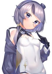 Rule 34 | 1girl, armored collar, azur lane, bearn (azur lane), blush, breasts, cloak, cuffs, eyelashes, gloves, hairband, highres, long sleeves, looking at viewer, monocle, navel, purple eyes, ribbon, seele0907, short hair, silver hair, skin tight, small breasts, solo, twintails