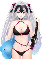 Rule 34 | 1girl, absurdres, ahoge, bikini, black bikini, breasts, choker, cleavage, collarbone, commentary request, cowboy shot, fate/grand order, fate (series), hair between eyes, hair ribbon, hand on hilt, headpiece, highres, holding, holding sword, holding weapon, inflatable toy, jeanne d&#039;arc alter (swimsuit berserker) (fate), jeanne d&#039;arc (fate), jeanne d&#039;arc alter (fate), jeanne d&#039;arc alter (swimsuit berserker) (fate), katana, large breasts, long hair, looking at viewer, mari (doraerin0), navel, o-ring, open mouth, ribbon, sheath, sheathed, sidelocks, solo, standing, swimsuit, sword, twintails, weapon, white background, yellow eyes