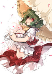 Rule 34 | 1girl, ascot, breasts, green hair, kazami yuuka, large breasts, looking at viewer, midriff, mouth hold, open clothes, open vest, parasol, petals, puffy short sleeves, puffy sleeves, red eyes, shirt, short sleeves, sindre, skirt, solo, touhou, umbrella, vest