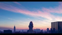 Rule 34 | 1girl, absurdres, blue sky, brown hair, camera, city, cloud, coat, fantasy, highres, holding, holding camera, letterboxed, long hair, milky way, nengoro, original, scenery, sky, star (sky), starry sky, sunset