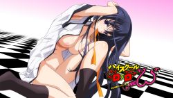 Rule 34 | 10s, 1girl, black hair, black socks, bottomless, breasts, cleavage, copyright name, demon girl, eyecatch, hair ribbon, high school dxd, high school dxd new, highres, himejima akeno, holding, holding own hair, large breasts, long hair, looking at viewer, mouth hold, navel, nipples, official art, open clothes, open shirt, orange ribbon, purple eyes, ribbon, ribbon in mouth, screencap, shirt, socks, solo