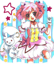 Rule 34 | 10s, 1girl, :3, bad id, bad pixiv id, blush, bow, bubble skirt, choker, dress, gloves, hair bow, jumping, kaname madoka, kyubey, leg up, magical girl, mahou shoujo madoka magica, mahou shoujo madoka magica (anime), open mouth, pink eyes, pink hair, puffy sleeves, short hair, short twintails, skirt, star (symbol), twintails