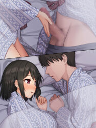 Rule 34 | 1girl, absurdres, black hair, blush, breasts, censored, embarrassed, from side, futon, highres, japanese clothes, kimono, kyokon no ani, namaiki de do-m na imouto to ichaicha suru+, large breasts, looking at another, lying, medium hair, mosaic censoring, multiple views, no eyes, on side, open mouth, original, penis, penis grab, pillow, red eyes, sawada yuusuke, side ponytail