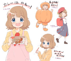 Rule 34 | 1girl, ahoge, apron, backpack, bag, black dress, blue eyes, brown hair, cardigan, commentary request, dot nose, dress, hair ornament, hairclip, hands up, holding, holding pen, idolmaster, idolmaster million live!, instant curry rice, light blush, long sleeves, looking at viewer, medium hair, multiple views, open mouth, orange cardigan, orange footwear, orange shirt, pen, pink apron, pumpkin costume, pumpkin hat, randoseru, red bag, rulyuzevcpalyo, shirt, sidelocks, smile, suou momoko, translation request, upper body, v-shaped eyebrows, wavy hair, white background, white shirt, | |