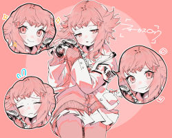 Rule 34 | 1girl, armband, blush, buttons, camera, collared shirt, gotou (nekocat), gumi, hair flaps, heart button, highres, holding, holding camera, jacket, long sleeves, looking at viewer, monochrome, multiple views, pantyhose, pink background, pink theme, pleated skirt, shirt, short hair, shorts, sidelocks, skirt, smile, solo focus, sparkle, sweater, vocaloid