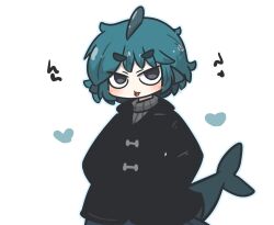 Rule 34 | 1girl, :p, black coat, blue hair, blue outline, blush, blush stickers, closed mouth, coat, commentary request, fins, fish tail, fuka-chan, grey eyes, grey sweater, hands in pockets, heart, highres, long sleeves, looking at viewer, original, outline, ribbed sweater, shark tail, short eyebrows, simple background, smile, solo, sweater, tail, thick eyebrows, tongue, tongue out, turtleneck, turtleneck sweater, uni souchou, v-shaped eyebrows, white background