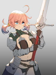 Rule 34 | 1girl, absurdres, ahoge, armor, belt, blue eyes, blue hair, chyko, closed mouth, eyes visible through hair, gradient background, highres, holding, holding sword, holding weapon, medium hair, multicolored hair, navel, original, pauldrons, pink hair, shoulder armor, solo, sword, turtleneck, twintails, vambraces, weapon