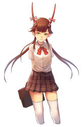 Rule 34 | 10s, 1girl, arms behind back, bag, bow, bowtie, brown hair, c (control), cowboy shot, cropped legs, green eyes, highres, horn ornament, horn ribbon, horns, jun (goodgun7), long hair, mashu, mashu (control), plaid, plaid skirt, pleated skirt, pointy ears, red bow, red bowtie, ribbon, school uniform, simple background, skirt, smile, solo, thighhighs, twintails, white background, white thighhighs, zettai ryouiki