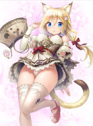 Rule 34 | 1girl, :o, animal ear fluff, animal ears, animal print, bad id, bad pixiv id, bag, bell, between breasts, blonde hair, blue eyes, blush, bow, bow panties, bracelet, breasts, cameltoe, cat ears, cat hair ornament, cat print, cat tail, corset, covered erect nipples, cross-laced clothes, detached sleeves, dress, eyebrows, floral print, hair between eyes, hair bow, hair ornament, hairclip, hand up, highres, jewelry, jingle bell, lace, lace-trimmed dress, lace trim, leg up, long hair, looking at viewer, low twintails, medium breasts, off shoulder, original, panties, pantyshot, paw print, pink background, pink bow, pink footwear, red bow, red ribbon, ribbon, ribbon-trimmed sleeves, ribbon trim, shell, shoes, short dress, skin tight, solo, solru, tail, thighhighs, toeless footwear, twintails, underwear, upskirt, white bow, white panties