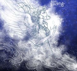 Rule 34 | 1girl, character name, dress, elwing, feathered wings, floating hair, flower, from side, hair flower, hair ornament, hands up, kazuki-mendou, tolkien&#039;s legendarium, long hair, parted lips, profile, solo, the silmarillion, wings