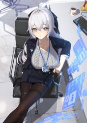 Rule 34 | 1girl, black jacket, black pantyhose, black skirt, blazer, breasts, bronya zaychik, bronya zaychik (silverwing: n-ex), cable knit, chair, crossed bangs, drill hair, from above, grey eyes, grey hair, grey sweater, highres, holographic interface, honkai (series), honkai impact 3rd, id card, jacket, keyboard (computer), large breasts, long hair, long sleeves, looking at viewer, looking up, meda, office chair, office lady, official alternate costume, pantyhose, parted lips, pencil skirt, pink pupils, sitting, skirt, solo, sweater, swivel chair, thigh strap, thighband pantyhose, twin drills, very long hair