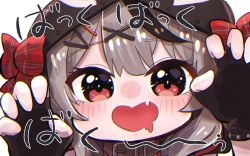 Rule 34 | 1girl, animal hood, black gloves, blush stickers, chibi, claw pose, drooling, fang, fingerless gloves, gloves, grey hair, hair ornament, hairclip, hololive, hood, looking at viewer, medium hair, mouth drool, nabe (nabe otome), open mouth, orca hood, red eyes, sakamata chloe, solo, virtual youtuber, x hair ornament