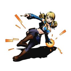Rule 34 | 10s, 1girl, alpha transparency, black thighhighs, blonde hair, blue jacket, blue skirt, boots, breasts, brown eyes, brown footwear, crop top, detached sleeves, divine gate, fairy tail, full body, holding, jacket, key, large breasts, lucy heartfilia, midriff, miniskirt, official art, open clothes, open jacket, shadow, short hair, skirt, solo, strapless, thighhighs, transparent background, ucmm
