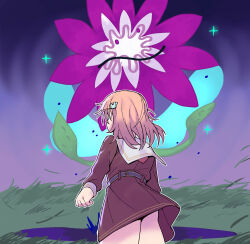 Rule 34 | 1girl, ass, brown dress, brown hair, child&#039;s drawing, clenched hand, clothes lift, commentary request, dress, dress lift, facing another, facing away, flower, glowing, glowing eyes, goldluck, grass, hair ornament, hasu no sora school uniform, highres, hinoshita kaho, link! like! love live!, long sleeves, love live!, medium hair, neckerchief, pleated dress, purple flower, rabbit hair ornament, red neckerchief, sailor collar, sailor dress, school uniform, short dress, sparkle, two side up, virtual youtuber, white sailor collar, winter uniform