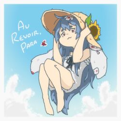 Rule 34 | 1girl, :3, ahoge, aomorii, bandages, black ribbon, blood, blood stain, blue hair, border, cloud, convenient censoring, dress, floating, flower, french text, frilled dress, frills, hat, highres, hikimayu, holding, holding clothes, holding hat, indie virtual youtuber, knees together feet apart, long hair, looking at viewer, para (vtuber), red eyes, ribbon, short dress, spaghetti strap, sun hat, sunflower, thick eyebrows, very long hair, virtual youtuber, white border, white dress