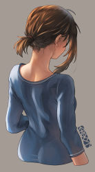Rule 34 | 1girl, back, back focus, blue shirt, brown hair, ergot, from behind, fubuki (kancolle), grey background, highres, kantai collection, nape, shirt, short ponytail, simple background, single sidelock, solo