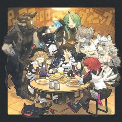Rule 34 | 1other, 2boys, 5girls, :3, :d, :t, ;d, ahoge, animal ears, apron, arknights, bear boy, bear ears, beer mug, black apron, black bracelet, black cape, black gloves, black hair, black jacket, black pants, black pantyhose, black shirt, blaze (arknights), blue eyes, blush, bow, bowl, brown hair, can, cape, cat, cat ears, cat girl, chair, closed eyes, cow ears, cow girl, cow horns, crossed legs, cup, dango, demon horns, detached wings, doctor (arknights), dress, energy wings, exusiai (arknights), fang, fingerless gloves, food, gloves, green hair, grey eyes, grey hair, hair between eyes, hairband, halo, hand up, hands in pockets, hanging light, highres, holding, holding bowl, holding cup, holding food, holding kettle, hood, hood up, hooded shirt, horn ornament, horn ring, horns, hoshiguma (arknights), infection monitor (arknights), jacket, jaye (arknights), kamaboko, kettle, leopard ears, leopard girl, leopard tail, long hair, long sleeves, mask, morini ochiteru, mug, multiple boys, multiple girls, multiple tails, narutomaki, nissin cup noodle, one eye closed, open clothes, open jacket, open mouth, pallas (arknights), pants, pantyhose, plate, pramanix (arknights), purple shirt, red bow, red hair, red hairband, sarkaz bodyguard (arknights), shirt, short hair, single horn, sitting, skewer, skin-covered horns, skin fang, sleeves past elbows, smile, table, tail, tail bow, tail ornament, tiara, translation request, two tails, wagashi, white dress, white jacket, white shirt, wings