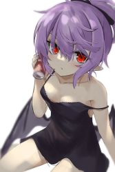 Rule 34 | 1girl, akisome hatsuka, alternate costume, bat wings, black dress, black wings, breasts, can, cleavage, closed mouth, dress, holding, holding can, light purple hair, looking at viewer, pointy ears, ponytail, red eyes, remilia scarlet, short hair, simple background, sitting, small breasts, solo, touhou, white background, wings
