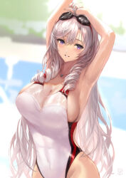 Rule 34 | 1girl, algerie (azur lane), alternate costume, arm behind head, arms up, azur lane, blurry, blurry background, breasts, competition swimsuit, covered erect nipples, drill hair, goggles, goggles on head, grey hair, highres, large breasts, long hair, looking at viewer, mole, mole under eye, multicolored clothes, multicolored swimsuit, one-piece swimsuit, outdoors, purple eyes, see-through swimsuit, solo, swimsuit, taut clothes, taut swimsuit, twin drills, very long hair, white one-piece swimsuit, yoshiku (oden-usagi)