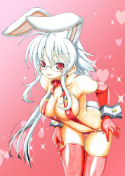 Rule 34 | 1girl, absurdres, animal ears, bad id, bad pixiv id, bent over, blush, breasts, covered erect nipples, elbow gloves, fuurin rei, gloves, heart, highres, large breasts, long hair, looking at viewer, original, rabbit ears, red eyes, red thighhighs, smile, solo, thighhighs, tomoyan (nyakkoya), traditional media, white hair