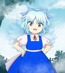 Rule 34 | &gt;:), 1girl, belt, blue bow, blue eyes, blue hair, bow, cirno, cirno day, collared shirt, dress, embodiment of scarlet devil, fog, hair bow, hands on own hips, henkatakari, highres, ice, ice wings, looking at viewer, neck ribbon, open mouth, pinafore dress, puffy short sleeves, puffy sleeves, red ribbon, ribbon, shirt, short hair, short sleeves, sky, sleeveless, sleeveless dress, solo, touhou, tree, v-shaped eyebrows, wavy hair, white belt, white shirt, wings, zun (style)