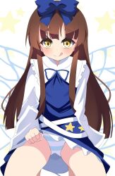 Rule 34 | 1girl, :q, aika4472, blue bow, blue dress, blunt bangs, blush, bow, brown hair, dress, fairy wings, flat chest, hair bow, highres, long hair, looking at viewer, panties, petite, simple background, sitting, solo, star sapphire, striped clothes, striped panties, tongue, tongue out, touhou, underwear, upskirt, very long hair, white background, wings, yellow eyes