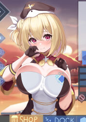 Rule 34 | 1girl, 3:, absurdres, against fourth wall, azur lane, bare shoulders, black gloves, black hat, blonde hair, blush, breast press, breasts, cleavage, closed mouth, commentary request, commission, cross, detached sleeves, dress, elegant (sumisumi4268), fake screenshot, fourth wall, gloves, hair between eyes, hair bun, hair ribbon, half gloves, hands up, hat, highres, iron cross, large breasts, leipzig (azur lane), looking at viewer, retrofit (azur lane), ribbon, short hair, sidelocks, single hair bun, single side bun, skeb commission, sleeveless, sleeveless dress, solo, standing, sunset, two-tone dress, upper body, user interface, white dress, white ribbon