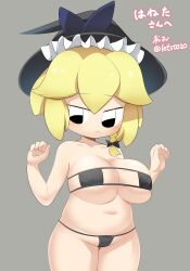Rule 34 | 1girl, bikini, black bikini, black eyes, blonde hair, blue bow, blush, bow, braid, breasts, cameltoe, cleft of venus, closed mouth, commentary request, cookie (touhou), covered erect nipples, cowboy shot, expressionless, eyepatch bikini, frilled hat, frills, grey background, hair bow, hat, hat bow, highres, kirisame marisa, large breasts, lets0020, looking at viewer, short hair, side braid, simple background, single braid, solo, swimsuit, touhou, twitter username, variant set, witch hat, yuuhi (cookie)