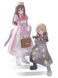 Rule 34 | 2girls, apron, belt, black capelet, black coat, black footwear, blush, boots, bow, breasts, briefcase, brown belt, brown eyes, brown hair, buttons, capelet, closed mouth, coat, collared shirt, cosplay, cross, double-breasted, dress, embarrassed, finger on trigger, flat color, flats, full body, green eyes, gun, hand up, handgun, hat, height difference, high collar, holding, holding briefcase, holding gun, holding weapon, idolmaster, idolmaster cinderella girls, juliet sleeves, legs apart, light brown hair, ling ling, ling ling (cosplay), long coat, long dress, long hair, long sleeves, looking at viewer, medium breasts, morikubo nono, multiple girls, narutaki (steam detectives), narutaki (steam detectives) (cosplay), neck ribbon, necktie, nurse, nurse cap, own hands together, pantyhose, parted lips, pink dress, puffy sleeves, raised eyebrows, red bow, red cross, red necktie, red ribbon, revision, revolver, ribbon, ringlets, sash, shibuya rin, shirt, shoes, sidelocks, small breasts, smile, stairs, standing, steam detectives, straight hair, sweat, swept bangs, uccow, v arms, very long hair, weapon, white apron, white background, white footwear, white headwear, white pantyhose, white shirt, wing collar