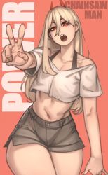 Rule 34 | 1girl, absurdres, blonde hair, blouse, chainsaw man, cross-shaped pupils, fangs, hair between eyes, highres, kelvin hiu, long hair, looking at viewer, midriff, navel, open mouth, power (chainsaw man), red eyes, sharp teeth, shirt, short shorts, shorts, solo, symbol-shaped pupils, teeth, thighs, v, white shirt, wide hips