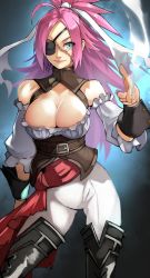 Rule 34 | 1girl, ahoge, bare shoulders, belt, belt buckle, big hair, blue eyes, boots, breasts, brown belt, buckle, cleavage, contrapposto, corset, cowboy shot, detached sleeves, eyepatch, fate/grand order, fate (series), framed breasts, francis drake (fate), frilled sleeves, frills, grey footwear, hair ribbon, highres, large breasts, long hair, looking at viewer, no bra, official alternate costume, pants, parted bangs, pink hair, pirate, pointing, ponytail, ribbon, scar, scar on face, smile, smoke, solo, standing, thigh boots, thighhighs, thighs, torn hair ribbon, turtleneck, white pants, white ribbon, wrist cuffs, yoshio (55level)