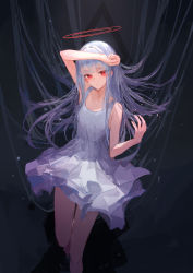 Rule 34 | 1girl, absurdres, arm up, bare arms, bare shoulders, blunt bangs, closed mouth, collarbone, commentary request, dress, grey hair, halo, highres, ichika (ichika87), long hair, looking at viewer, original, pleated dress, sleeveless, sleeveless dress, solo, very long hair, white dress