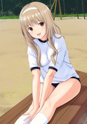 Rule 34 | 1girl, :d, bench, blue buruma, blush, breasts, brown eyes, buruma, day, fence, gym shirt, gym uniform, hairband, highres, kneehighs, leaning to the side, light brown hair, long hair, looking at viewer, n.g., on bench, open mouth, original, outdoors, sand, shirt, short sleeves, sitting, small breasts, smile, socks, solo, taut clothes, taut shirt, white hairband, white shirt, white socks