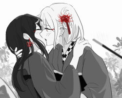 Rule 34 | 2girls, blush, closed eyes, commentary request, ear blush, earrings, flower, greyscale, hair flower, hair ornament, hand on another&#039;s neck, hand on another&#039;s shoulder, inoue takina, japanese clothes, jewelry, kimono, kiss, long hair, looking at another, lycoris recoil, masaru (kises j), monochrome, multiple girls, nishikigi chisato, obi, red eyes, red flower, sash, spider lily, spot color, sweat, upper body, yuri