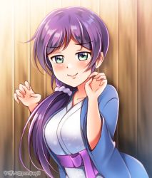 Rule 34 | 1girl, artist name, artist request, blue jacket, blush, breasts, collarbone, female focus, green eyes, hair ornament, hair scrunchie, jacket, japanese clothes, kimono, long hair, looking at viewer, love live!, love live! school idol festival, love live! school idol festival all stars, love live! school idol project, medium breasts, parted lips, ponyagii, purple hair, purple ribbon, ribbon, scrunchie, smile, solo, tojo nozomi, twintails, white kimono, white scrunchie