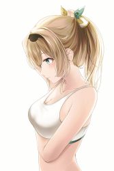 Rule 34 | 1girl, absurdres, arm up, black hairband, blonde hair, breasts, cleavage, closed mouth, from side, green eyes, hair ornament, hairband, highres, hololive, kazama iroha, medium breasts, midriff, ponytail, shira jun, simple background, solo, sports bra, upper body, virtual youtuber, white background, white sports bra