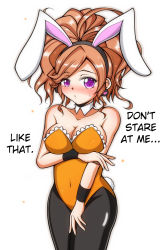 Rule 34 | 1girl, ageha (sister quest), animal ears, bare shoulders, blush, breast hold, breasts, bunny1219, earrings, fake animal ears, female focus, hair ornament, hard-translated, highres, jewelry, large breasts, leotard, orange hair, pantyhose, playboy bunny, purple eyes, rabbit ears, rabbit tail, simple background, sister quest, solo, standing, tail, third-party edit, translated, white background