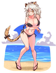 Rule 34 | 1girl, :3, animal ears, beach, bikini, black bikini, black footwear, black ribbon, blue sky, breast hold, breasts, cat ears, cat tail, cleavage, closed mouth, cloud, cloudy sky, commentary, commission, cougar (cougar1404), cowboy shot, day, grey hair, halterneck, horizon, large breasts, leaning forward, legs, looking at viewer, medium hair, navel, ocean, orange eyes, original, outdoors, outside border, ribbon, sandals, side-tie bikini bottom, skeb commission, sky, smile, solo, standing, strap slip, swimsuit, tail, tail ornament, tail ribbon, thick eyebrows, tiptoes, toes, yellow eyes