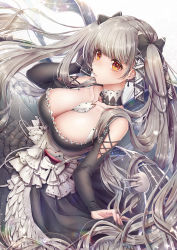 Rule 34 | 1girl, absurdres, azur lane, bare shoulders, between breasts, black dress, black nails, blush, breasts, cleavage, closed mouth, clothes lift, collarbone, commentary request, dress, dress lift, earrings, floating hair, formidable (azur lane), frilled dress, frills, grey hair, hair ribbon, hand in own hair, highres, jewelry, large breasts, lifted by self, long hair, long sleeves, looking at viewer, md5 mismatch, nail polish, orange eyes, resolution mismatch, ribbon, smile, solo, source smaller, standing, suuzuki ayato, turret, twintails, two-tone dress, two-tone ribbon, very long hair