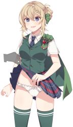 Rule 34 | 1girl, blonde hair, blue necktie, blue skirt, blush, cape, collared shirt, green cape, green thighhighs, green vest, hair between eyes, highres, kantai collection, kukimaru, necktie, open mouth, panties, perth (kancolle), pleated skirt, purple eyes, shirt, short hair, short sleeves, simple background, skirt, solo, thighhighs, underwear, vest, white background, white panties, white shirt