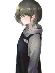 Rule 34 | 1girl, absurdres, apron, black apron, blush, expressionless, green eyes, green hair, grey hoodie, highres, hood, hoodie, idolmaster, idolmaster shiny colors, looking at viewer, name tag, nanakusa nichika, short hair, simple background, solo, white background, zohyo
