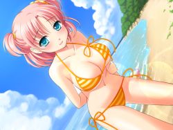 Rule 34 | 1girl, :d, amamoto fuuka, arms behind back, beach, bikini, blue eyes, blush, bottle, breasts, cleavage, cloud, cowboy shot, day, drink, game cg, ginta, groin, hair bobbles, hair ornament, holding, holding own arm, leaning forward, lens flare, looking at viewer, navel, ocean, open mouth, orange bikini, outdoors, parted bangs, pink hair, scrunchie, short hair, short twintails, side-tie bikini bottom, sideboob, sky, smile, solo, standing, string bikini, striped bikini, striped clothes, sugar+spice!, sugar+spice 2, sugar + spice, swimsuit, twintails, two side up, underboob, water