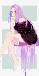 Rule 34 | 1girl, bare shoulders, black dress, blush, book, closed mouth, commentary request, dress, fate/stay night, fate (series), forehead, glasses, head rest, highres, holding, holding book, long hair, looking at viewer, medusa (fate), medusa (rider) (fate), multicolored clothes, multicolored dress, pink dress, pink eyes, pink hair, ratsuku kinoko, short dress, sitting, solo, very long hair