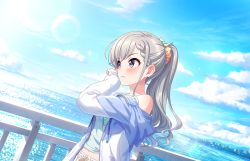 Rule 34 | 1girl, annindoufu (oicon), asymmetrical bangs, blue sky, blue tank top, blush, braid, braided bangs, cloud, crop top, dutch angle, earrings, grey hair, hisakawa hayate, horizon, idolmaster, idolmaster cinderella girls, idolmaster cinderella girls starlight stage, jacket, jacket partially removed, jewelry, lens flare, looking afar, midriff peek, multicolored clothes, multicolored jacket, navel, official art, outdoors, ponytail, railing, sky, solo, sparkle, sweatdrop, tank top, tears, two-tone jacket, upper body, wavy hair
