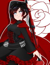 Rule 34 | 1girl, absurdres, arm up, black hair, blue eyes, blush, breasts, cape, closed mouth, commission, corset, doopiedoover, highres, holding, holding weapon, looking at viewer, medium breasts, multicolored hair, red cape, red hair, ruby rose, rwby, short hair, smile, solo, two-tone hair, weapon